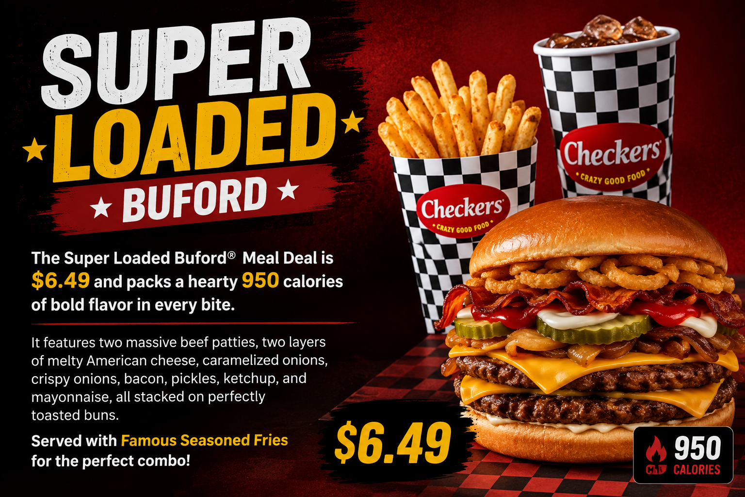 Super Loaded Buford Meal Deal Checkers Burger Menu