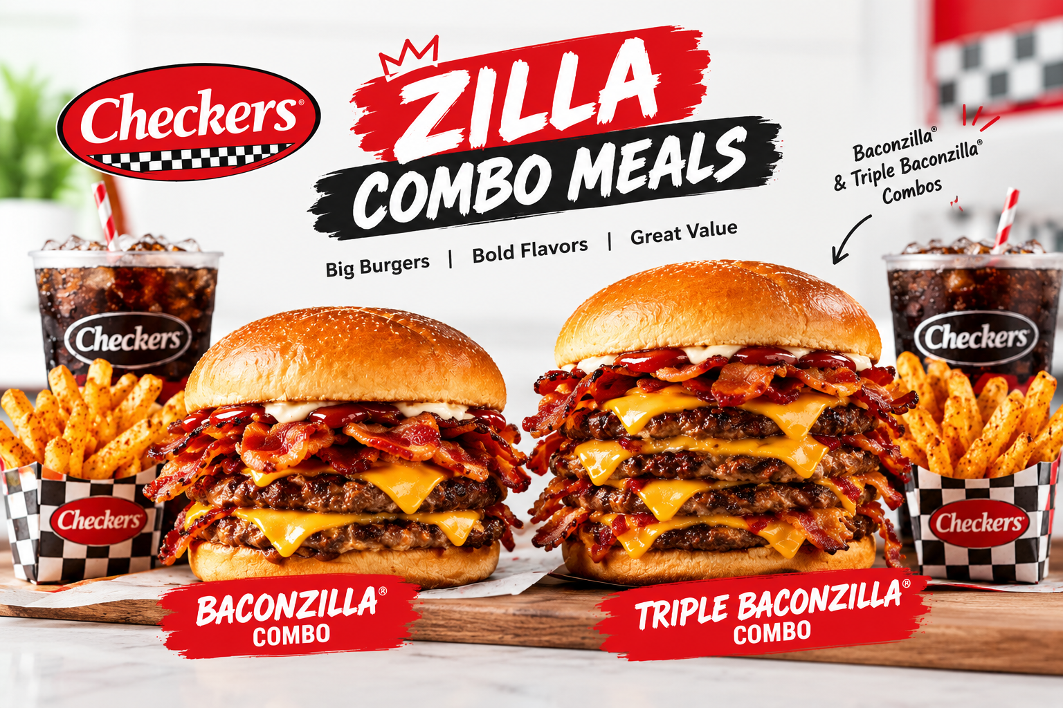 Checkers Zilla Combo Meals featuring Baconzilla and Triple Baconzilla burgers with fries and drinks