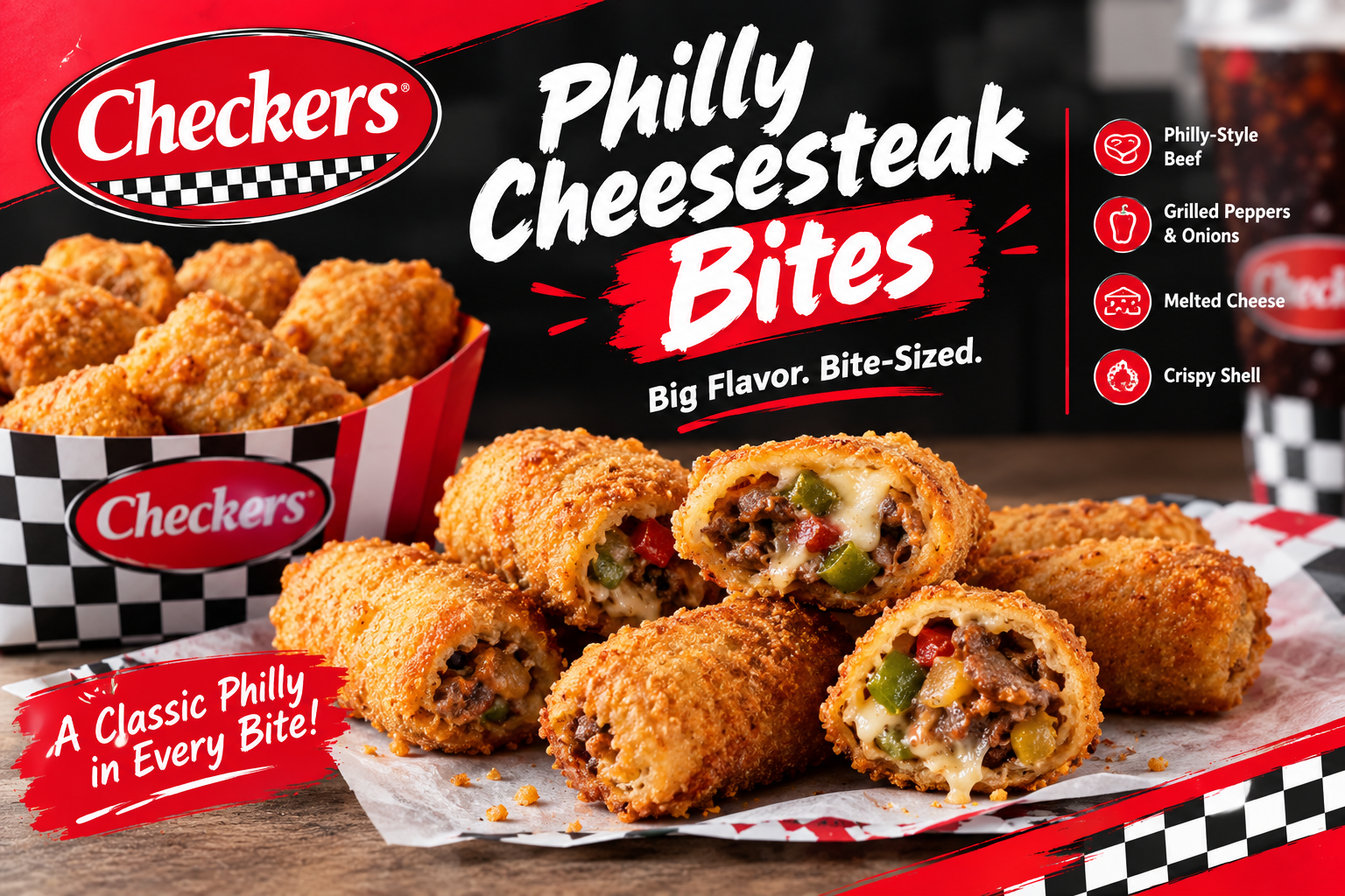 Checkers Philly Cheesesteak Bites with beef, peppers, onions and melted cheese
